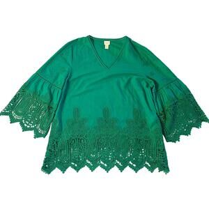 Chicos kelly green embroidered lace bell sleeve tunic oversized sz L boho fairy